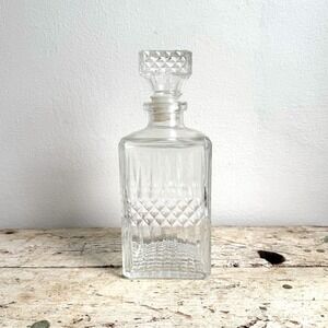 Vintage Square Glass Decanter with Diamond Cut Pattern and Stopper 9 Inch Clear